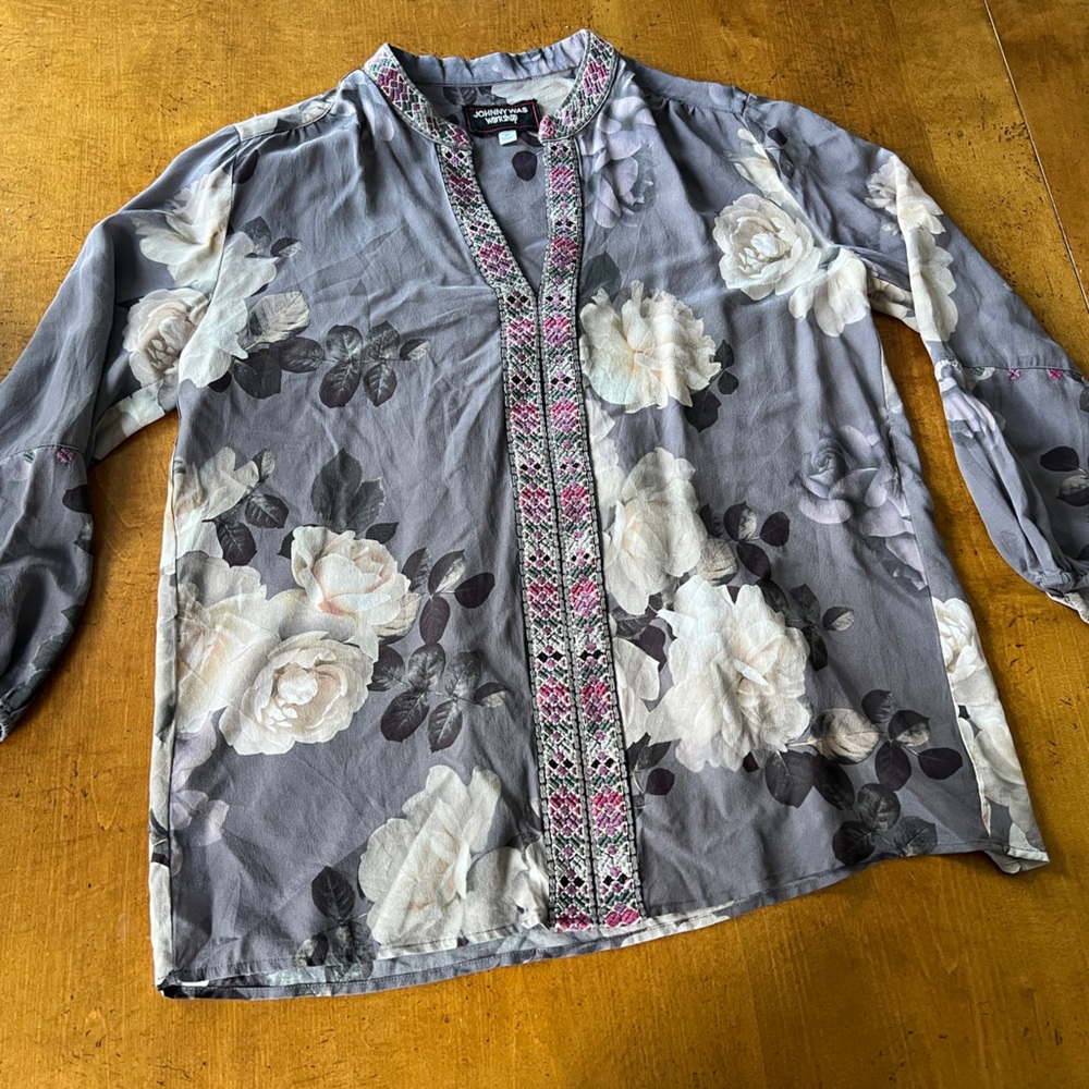 Johnny Was Paris Effortless Silk Blouse Lavendar Purple Xsmall rose white tunic - Picture 9 of 11